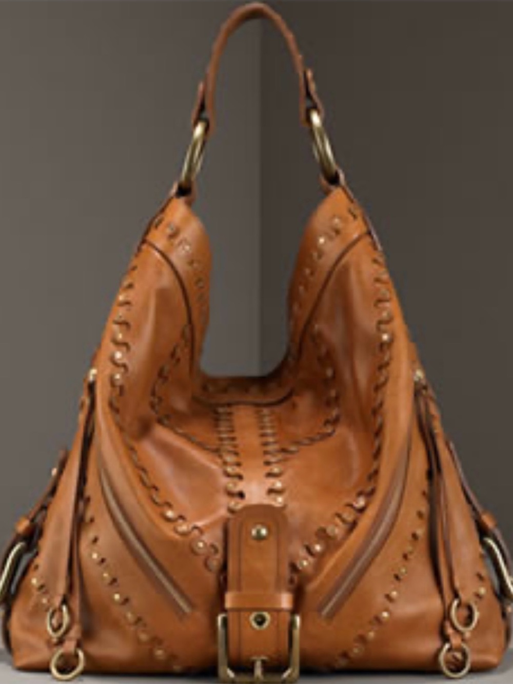 Isabella Fiore Tan Leather Hobo with Buckle & Stud Detailing